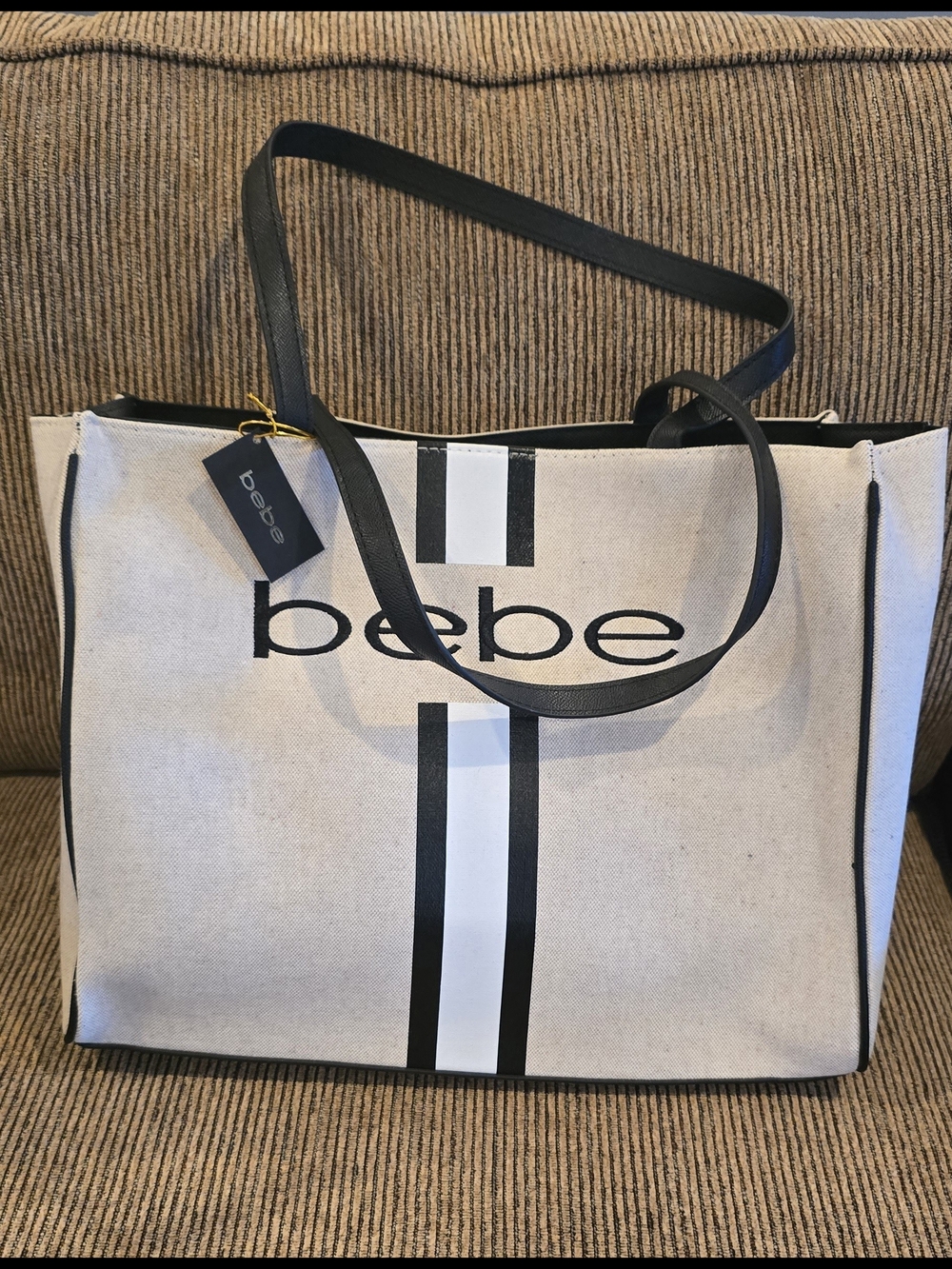 bebe Cream Canvas Tote with Black Trim